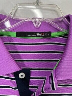 RLX Polo Ralph Lauren Men’s Striped Short Sleeve Gold Polo Magenta Size L